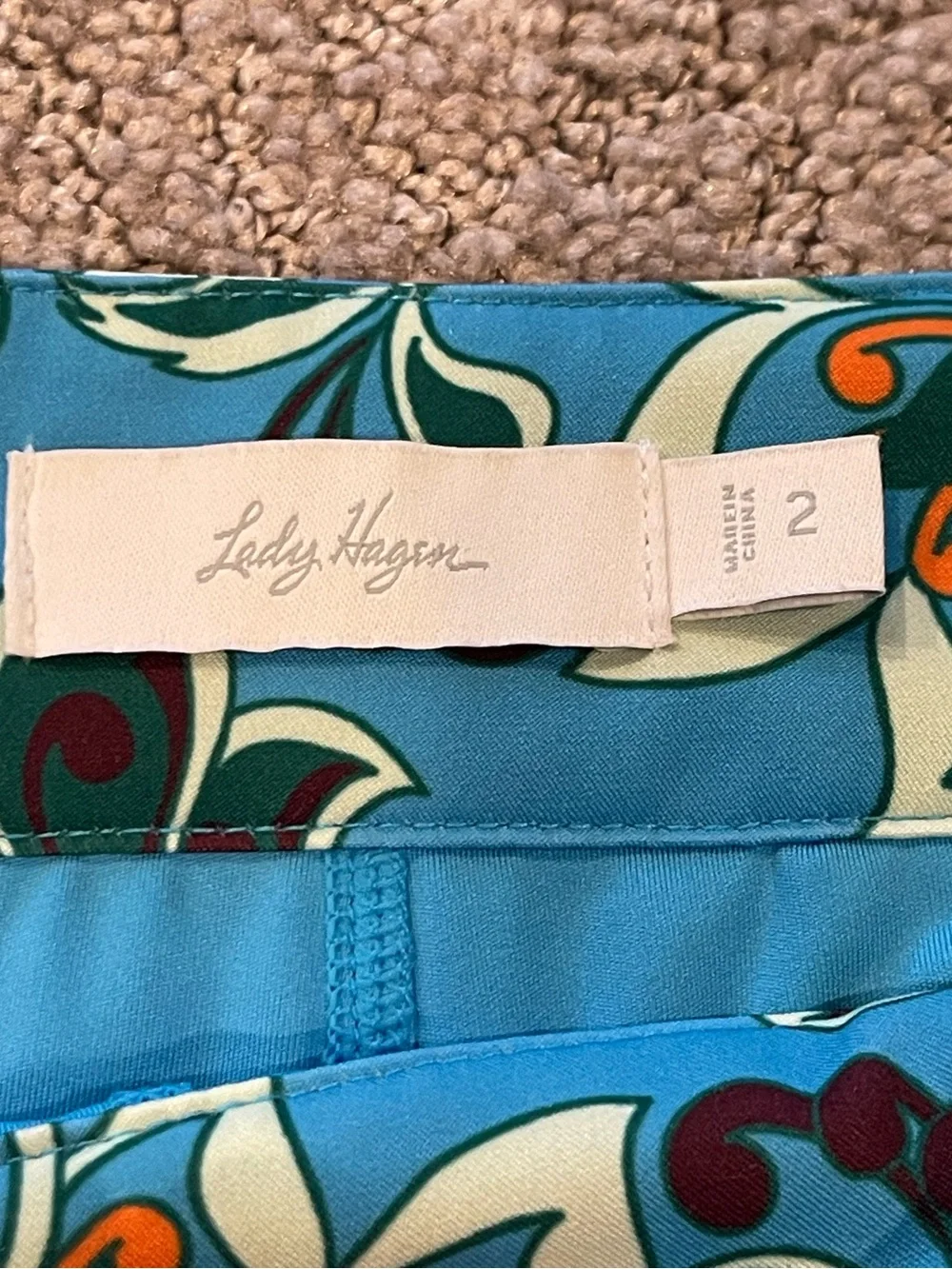 Lady Hagen Turquoise Blue Floral Mini Skirt/Skort with Orange Hem, Size 2